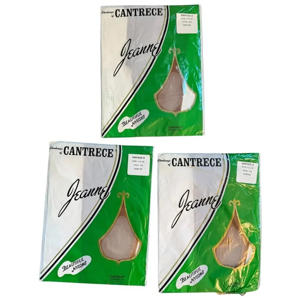 Lot 3 Vintage Jeanny Cantrece II Nylon Stockings Suntan 11.5-12 Style 410 NOS